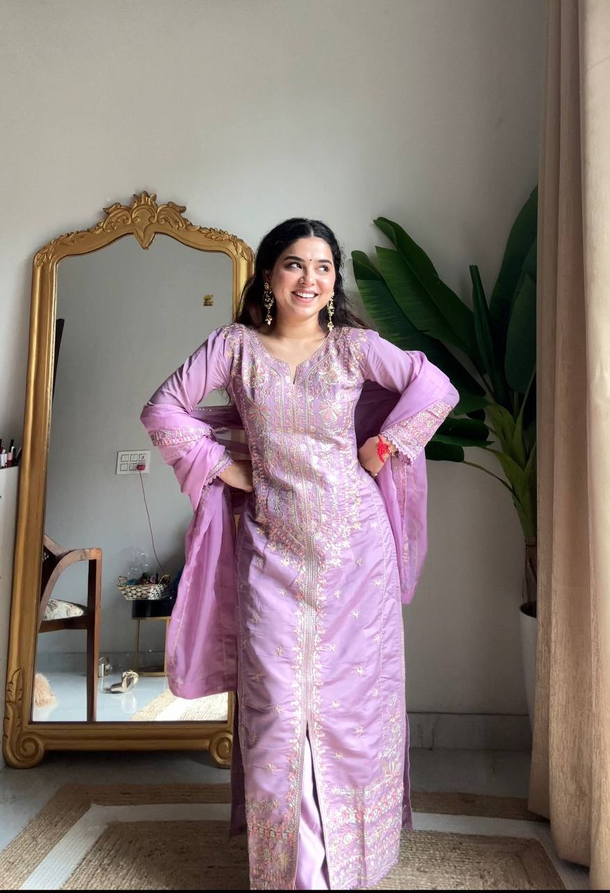 Arti Chuahan Wear Purple Roman Silk Embroidered Kurti Palazzo Set
