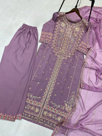 Arti Chuahan Wear Purple Roman Silk Embroidered Kurti Palazzo Set