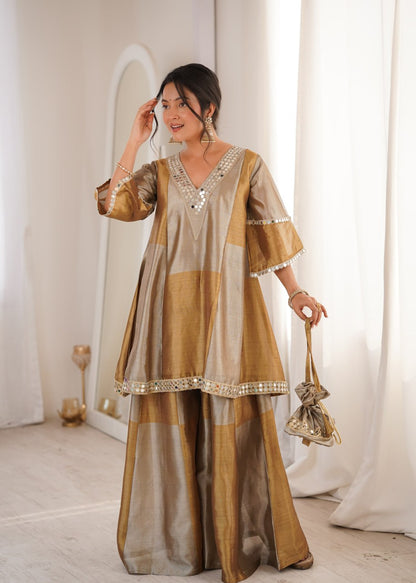 Wedding Wear Golden Color Embroidered Sequence Palazo Suit Set