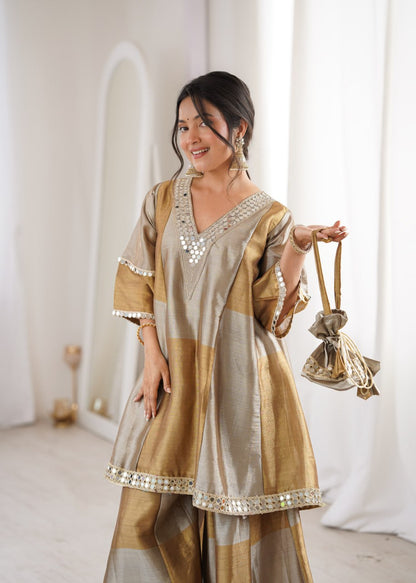Wedding Wear Golden Color Embroidered Sequence Palazo Suit Set