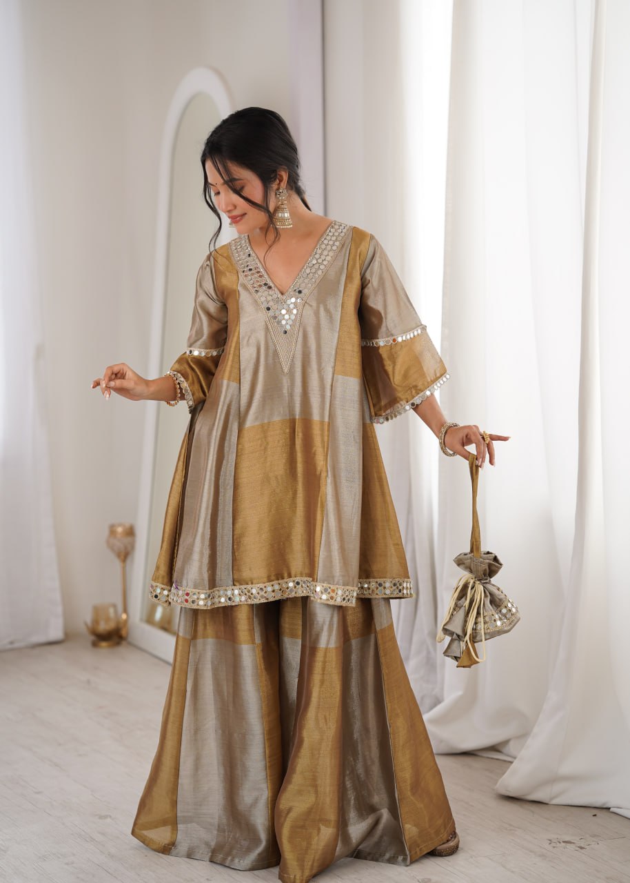 Wedding Wear Golden Color Embroidered Sequence Palazo Suit Set