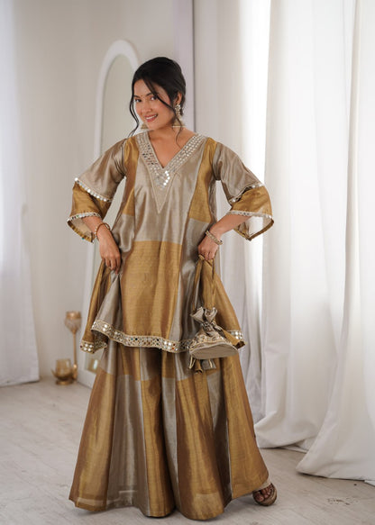 Wedding Wear Golden Color Embroidered Sequence Palazo Suit Set