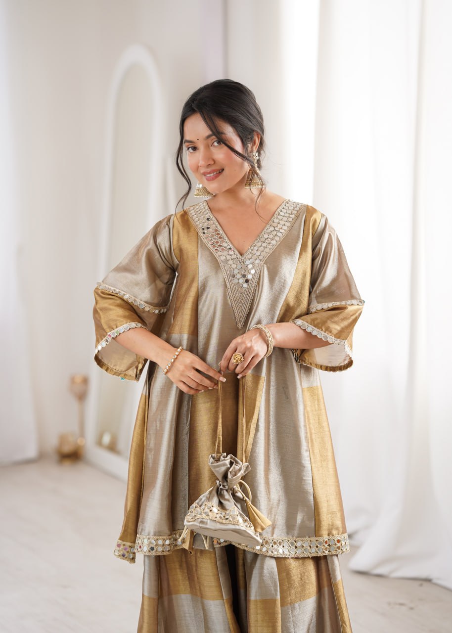 Wedding Wear Golden Color Embroidered Sequence Palazo Suit Set