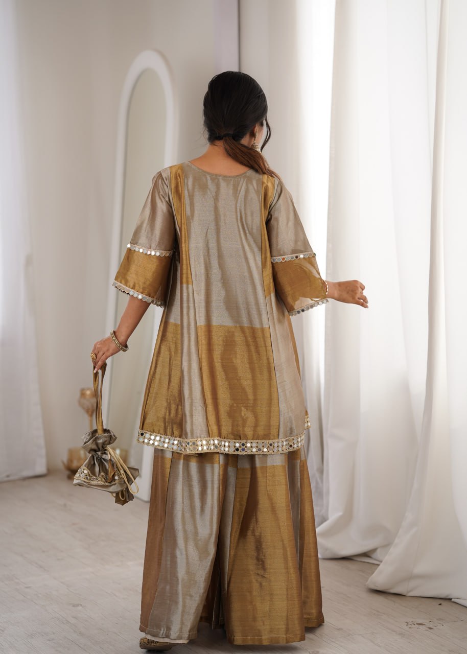 Wedding Wear Golden Color Embroidered Sequence Palazo Suit Set