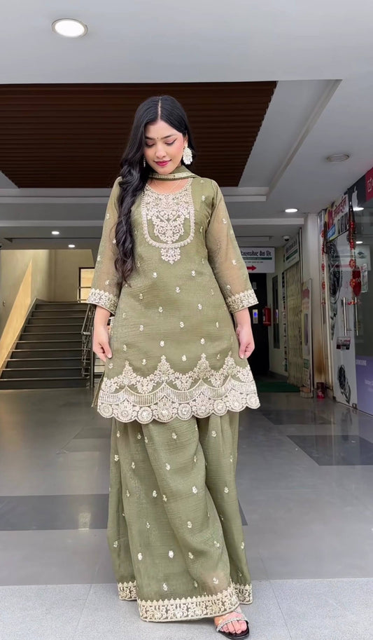 Gorgeous Green Color Embroidered Sharara Suit With Dupatta