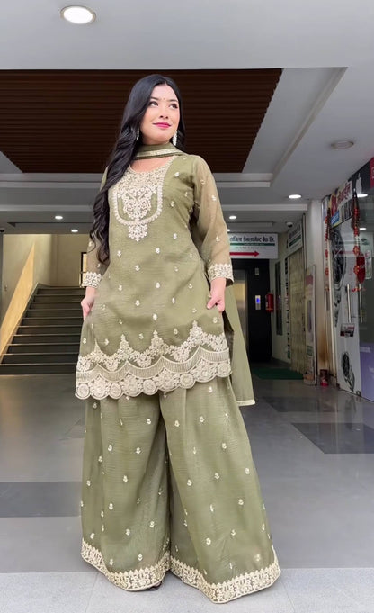 Gorgeous Green Color Embroidered Sharara Suit With Dupatta