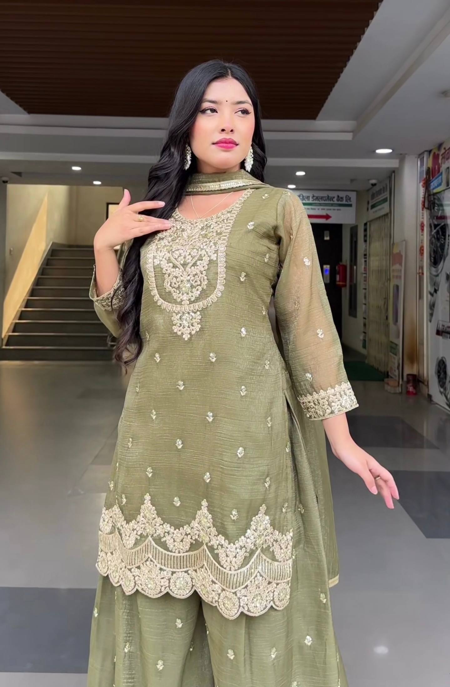 Gorgeous Green Color Embroidered Sharara Suit With Dupatta
