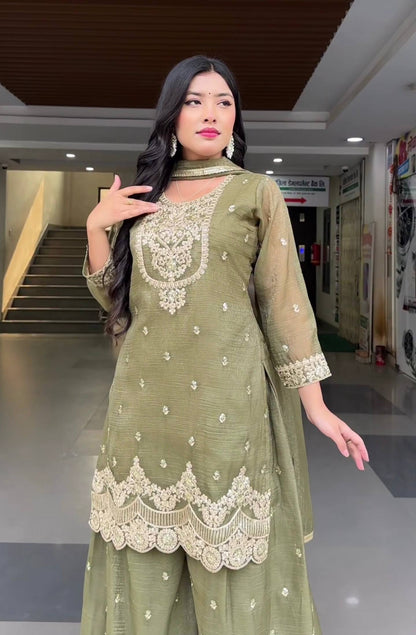 Gorgeous Green Color Embroidered Sharara Suit With Dupatta