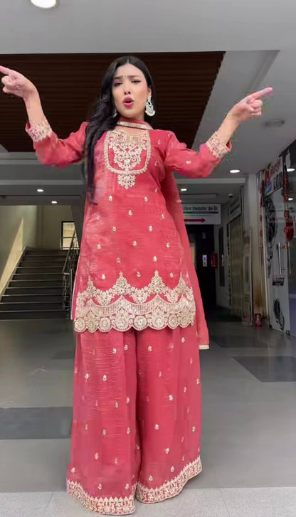 Stylish Pink Color Sequence Embroidered Sharara Suit With Dupatta