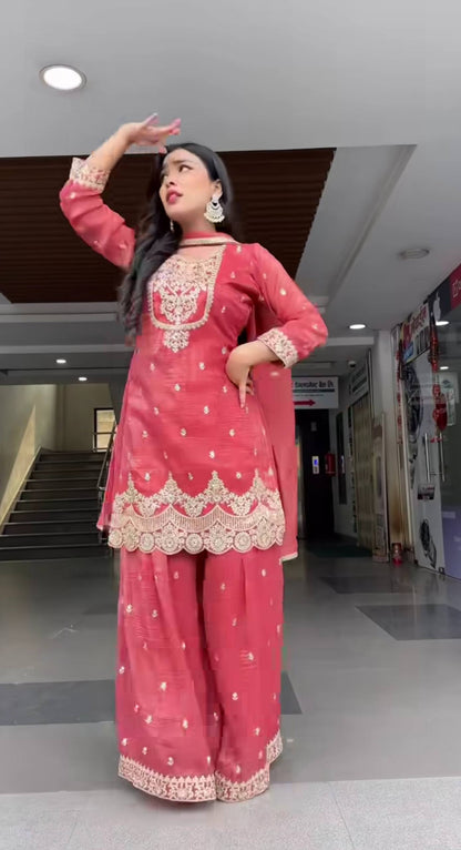 Stylish Pink Color Sequence Embroidered Sharara Suit With Dupatta