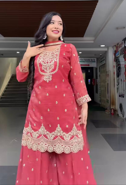 Stylish Pink Color Sequence Embroidered Sharara Suit With Dupatta