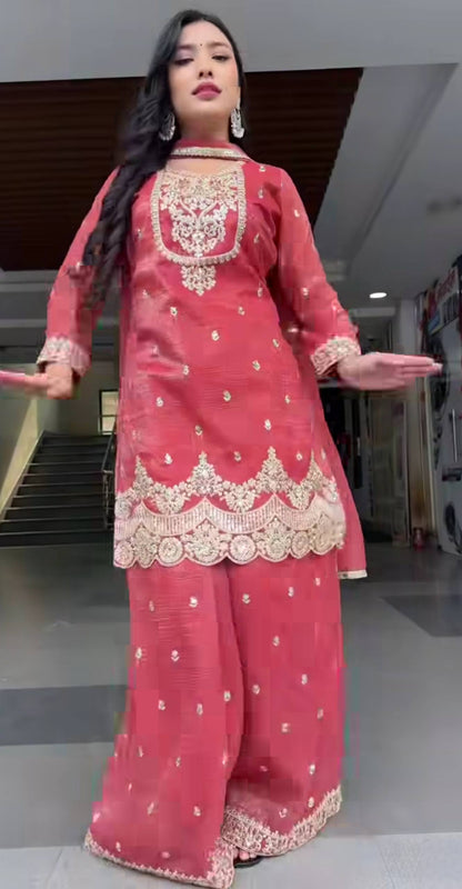 Stylish Pink Color Sequence Embroidered Sharara Suit With Dupatta