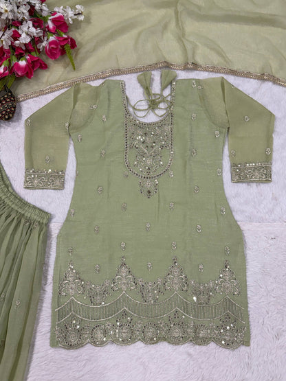 Gorgeous Green Color Embroidered Sharara Suit With Dupatta