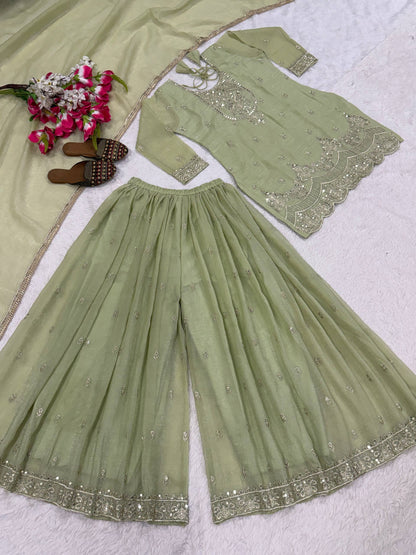 Gorgeous Green Color Embroidered Sharara Suit With Dupatta