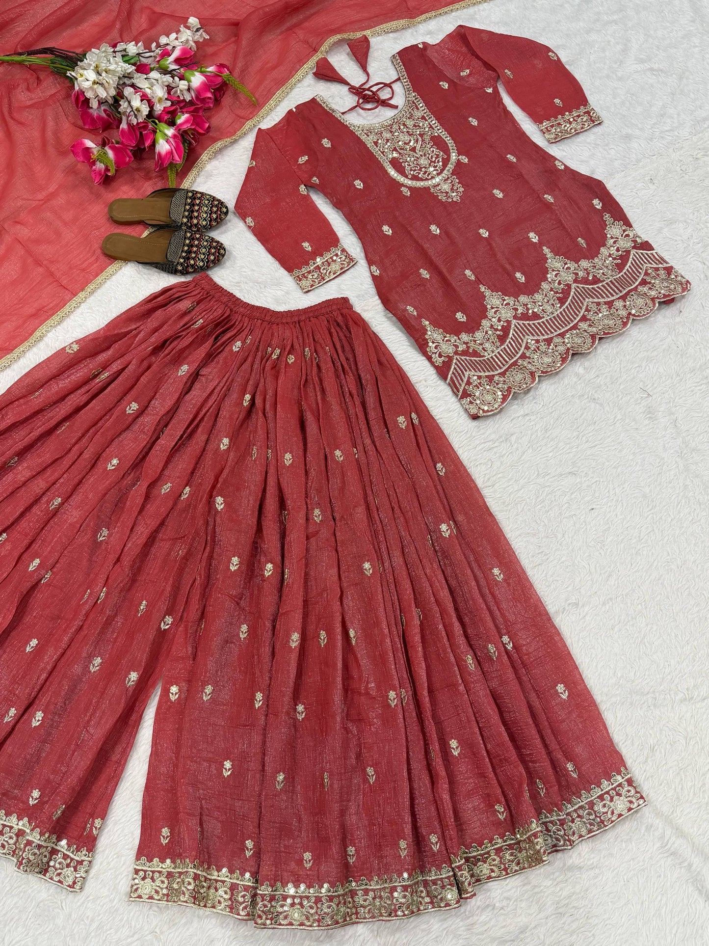 Stylish Pink Color Sequence Embroidered Sharara Suit With Dupatta