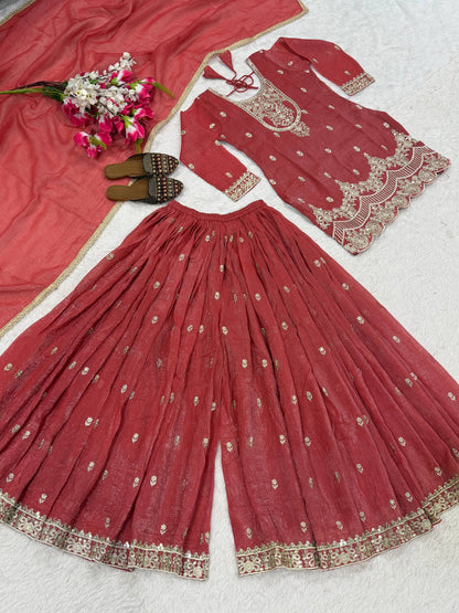 Stylish Pink Color Sequence Embroidered Sharara Suit With Dupatta