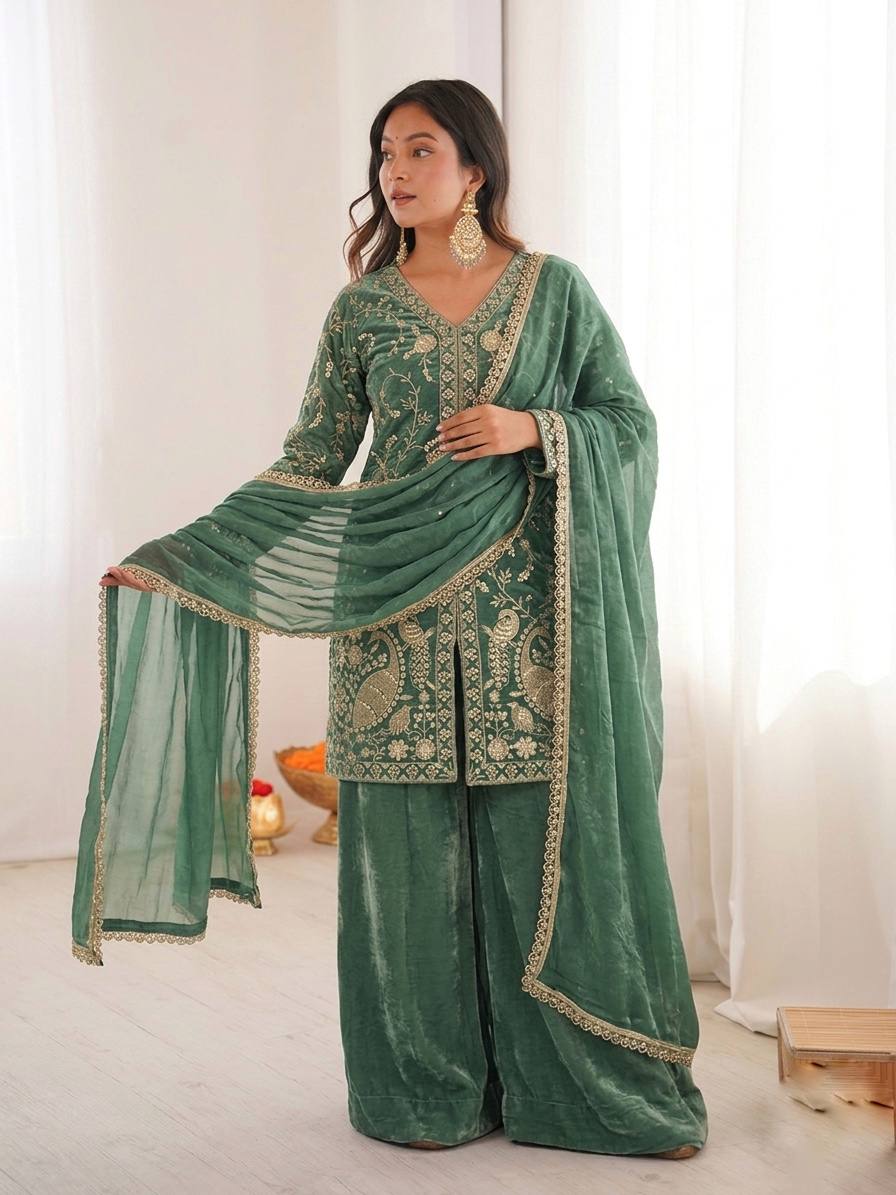 Wedding Wear Green Color Silk Arti Chauhan Wear Palazzo Suit Set