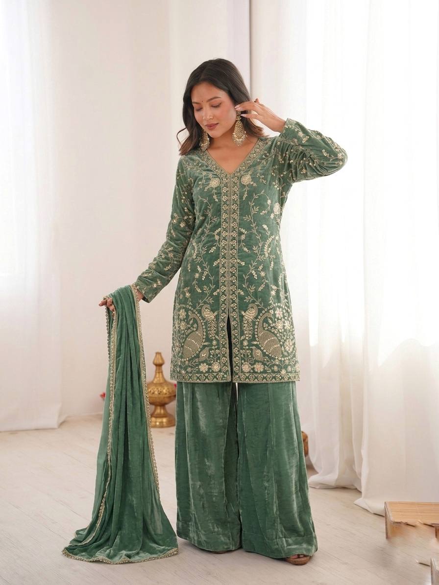 Wedding Wear Green Color Silk Arti Chauhan Wear Palazzo Suit Set