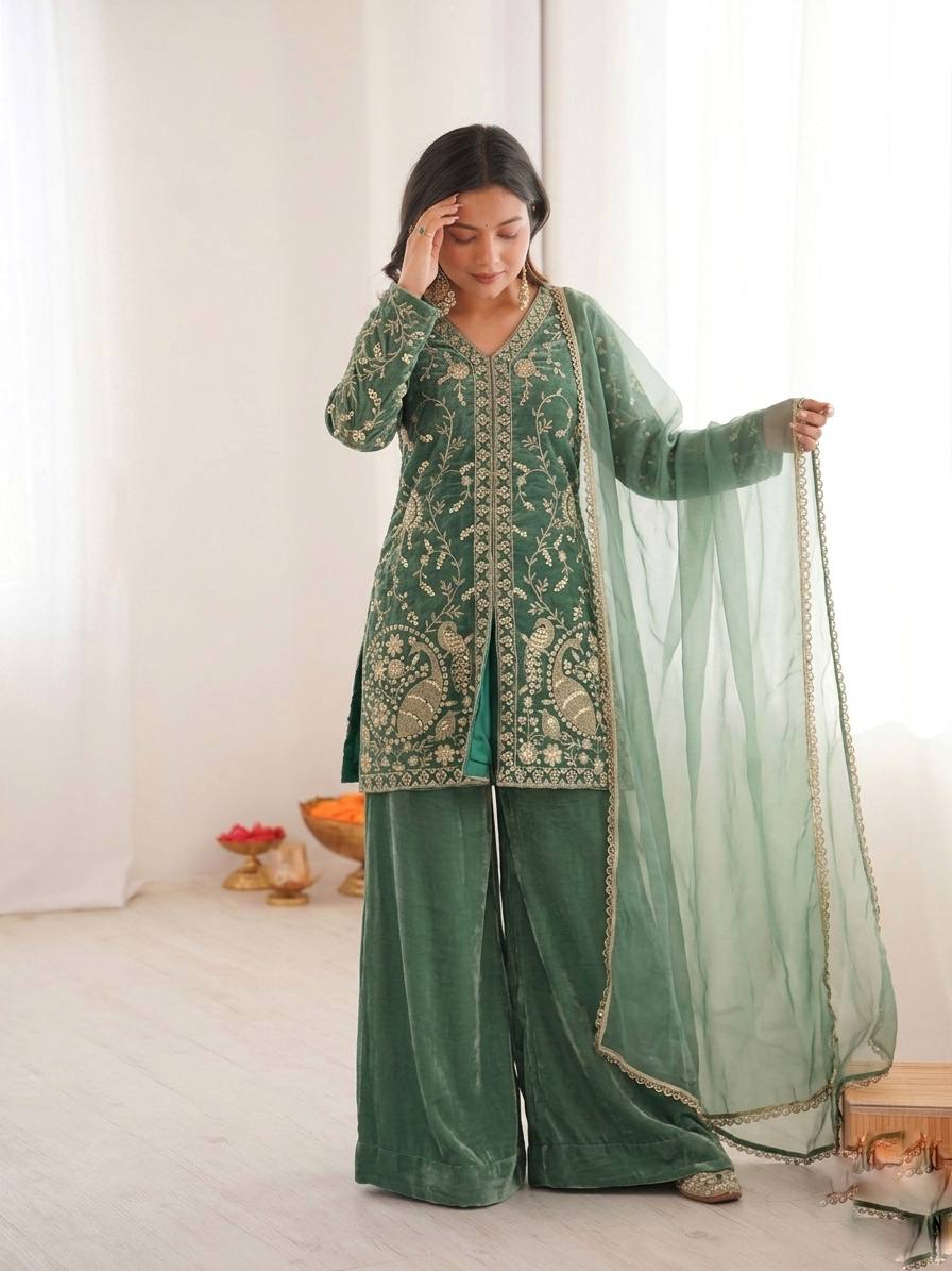 Wedding Wear Green Color Silk Arti Chauhan Wear Palazzo Suit Set