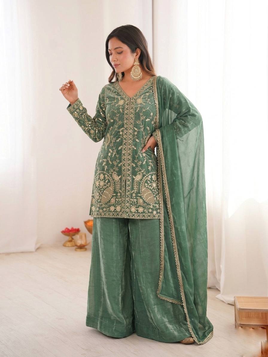 Wedding Wear Green Color Silk Arti Chauhan Wear Palazzo Suit Set