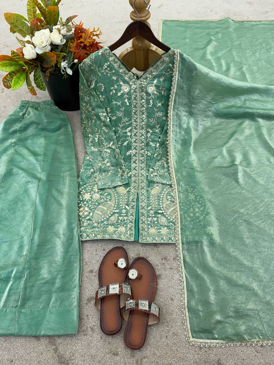 Wedding Wear Green Color Silk Arti Chauhan Wear Palazzo Suit Set