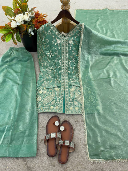 Wedding Wear Green Color Silk Arti Chauhan Wear Palazzo Suit Set