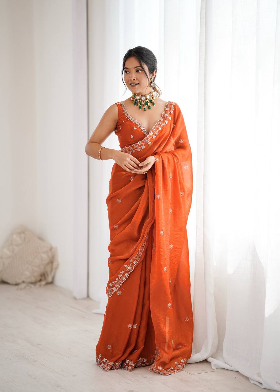 Arti Chauhan's Orange Color Sequins Embroidered Weddings Saree Set