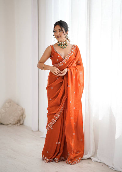 Arti Chauhan's Orange Color Sequins Embroidered Weddings Saree Set