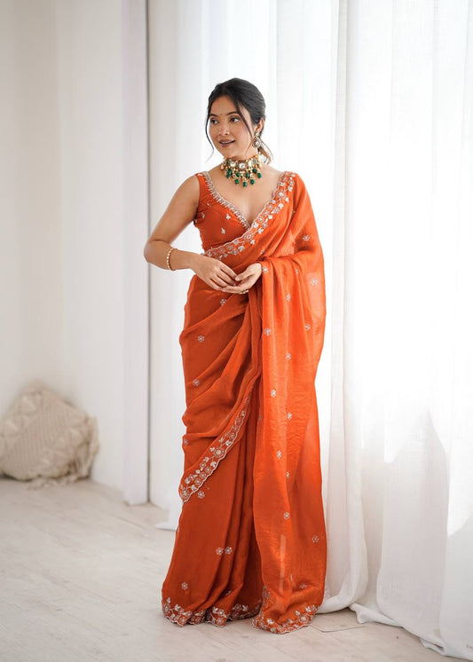 Arti Chauhan's Orange Color Sequins Embroidered Weddings Saree Set