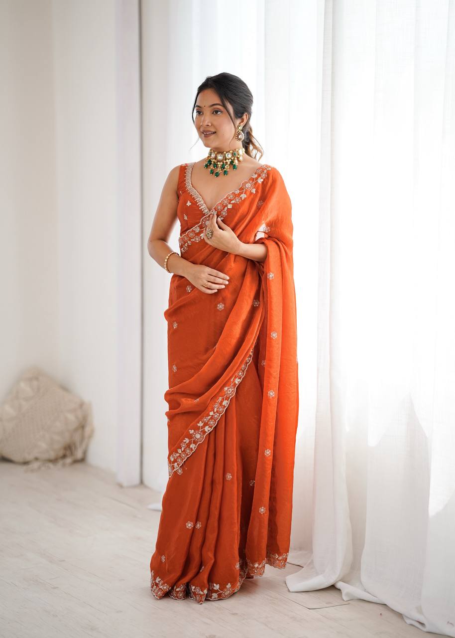 Arti Chauhan's Orange Color Sequins Embroidered Weddings Saree Set