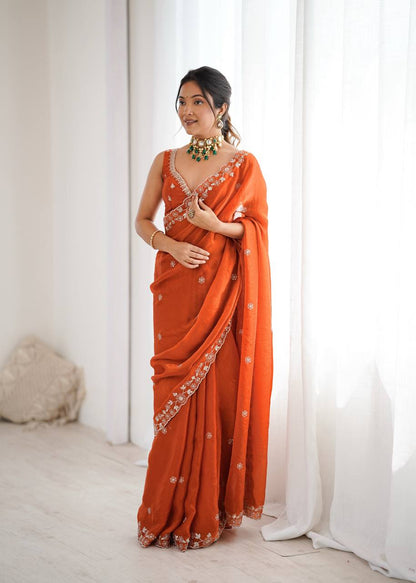 Arti Chauhan's Orange Color Sequins Embroidered Weddings Saree Set