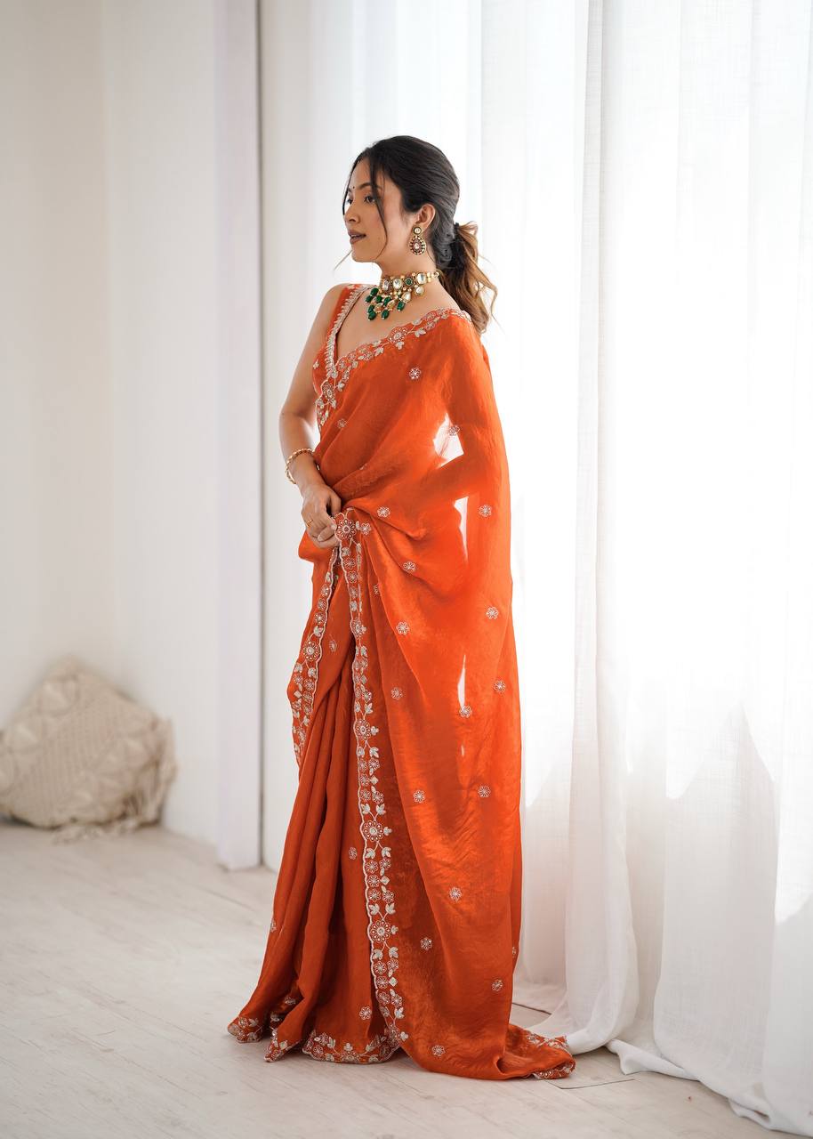Arti Chauhan's Orange Color Sequins Embroidered Weddings Saree Set