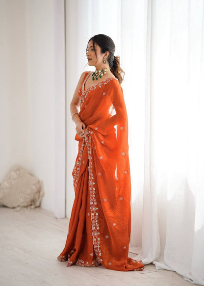 Arti Chauhan's Orange Color Sequins Embroidered Weddings Saree Set