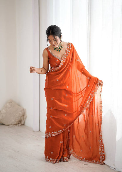 Arti Chauhan's Orange Color Sequins Embroidered Weddings Saree Set