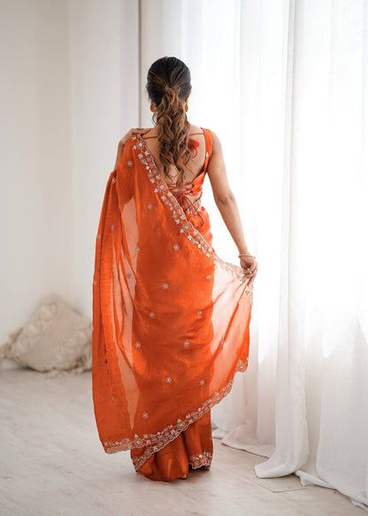 Arti Chauhan's Orange Color Sequins Embroidered Weddings Saree Set
