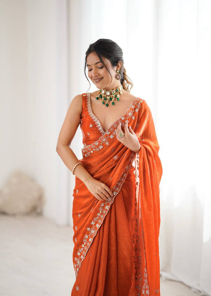 Arti Chauhan's Orange Color Sequins Embroidered Weddings Saree Set