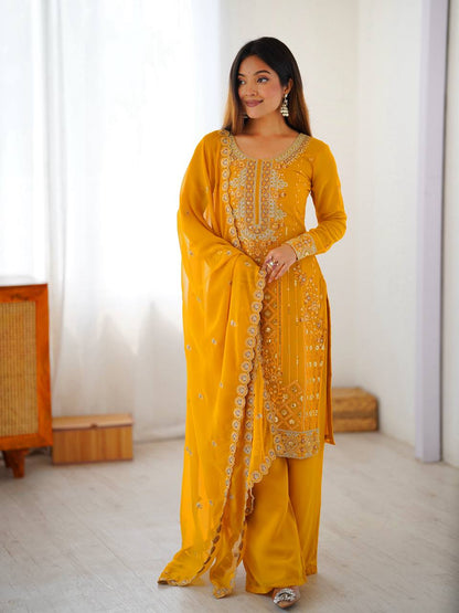 Elegant Yellow Color Faux Georgette Designer Palazzo Suit Set