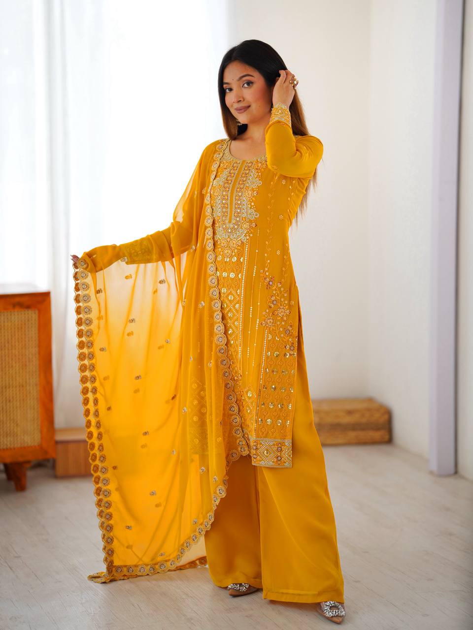 Elegant Yellow Color Faux Georgette Designer Palazzo Suit Set