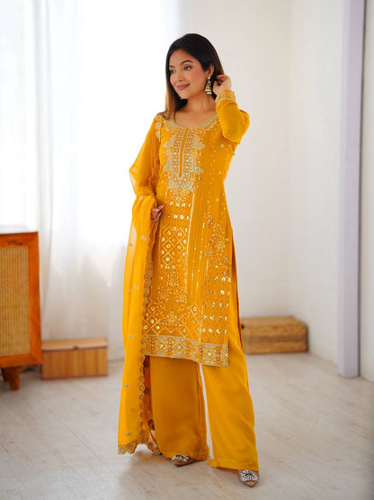 Elegant Yellow Color Faux Georgette Designer Palazzo Suit Set