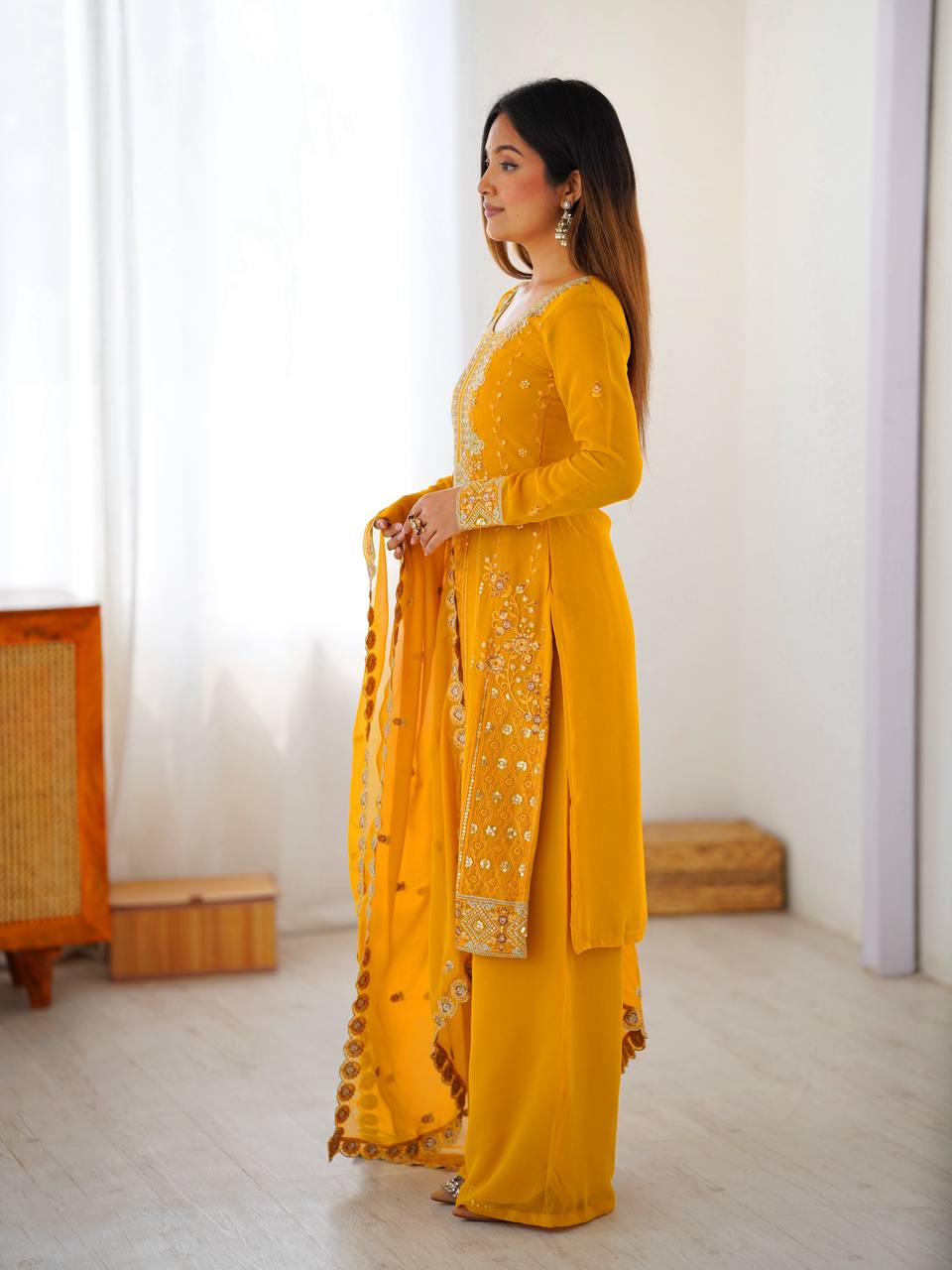 Elegant Yellow Color Faux Georgette Designer Palazzo Suit Set