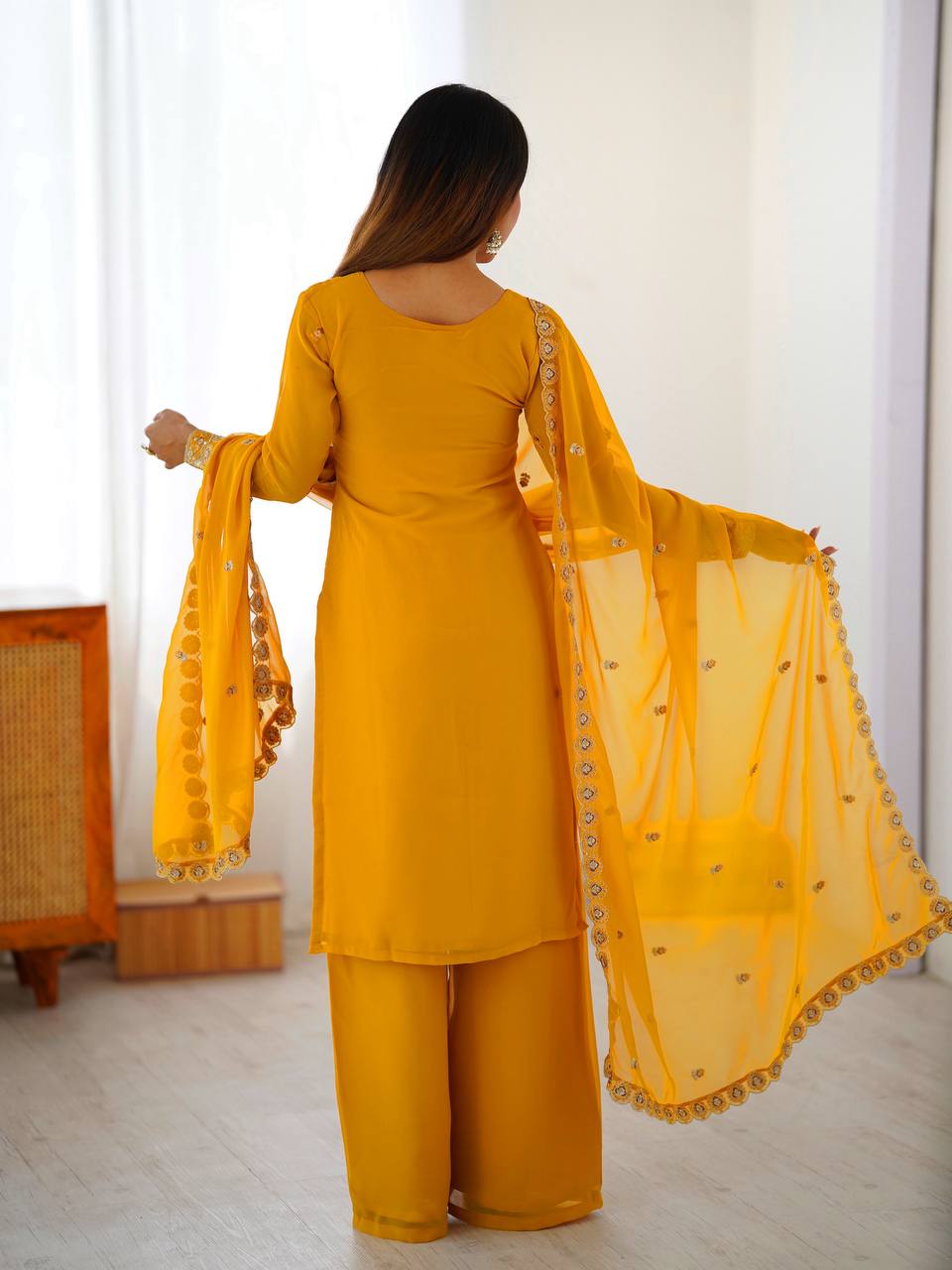 Elegant Yellow Color Faux Georgette Designer Palazzo Suit Set