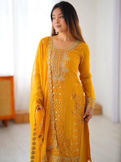 Elegant Yellow Color Faux Georgette Designer Palazzo Suit Set