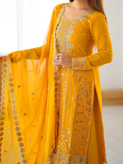 Elegant Yellow Color Faux Georgette Designer Palazzo Suit Set