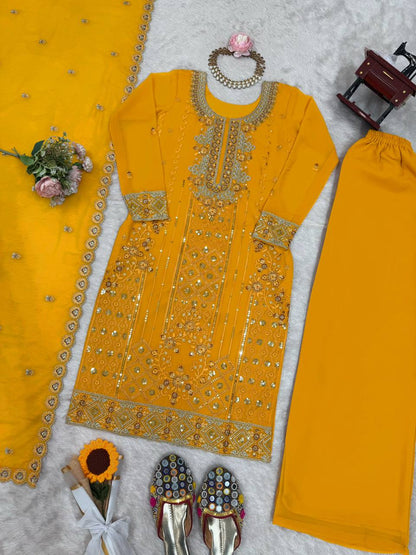 Elegant Yellow Color Faux Georgette Designer Palazzo Suit Set