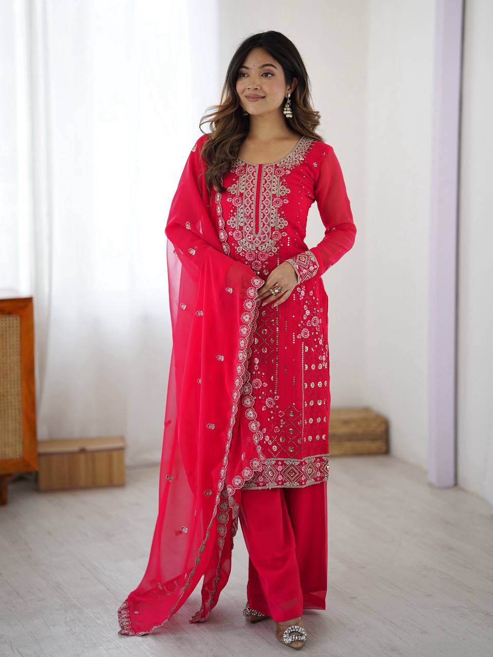 Exclusive Pink Color Faux Georgette Designer Palazzo Suit Set