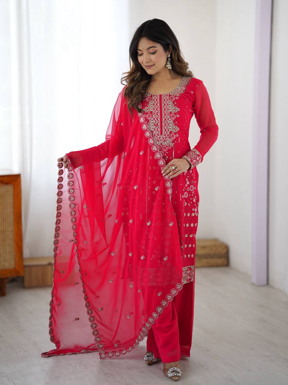 Exclusive Pink Color Faux Georgette Designer Palazzo Suit Set