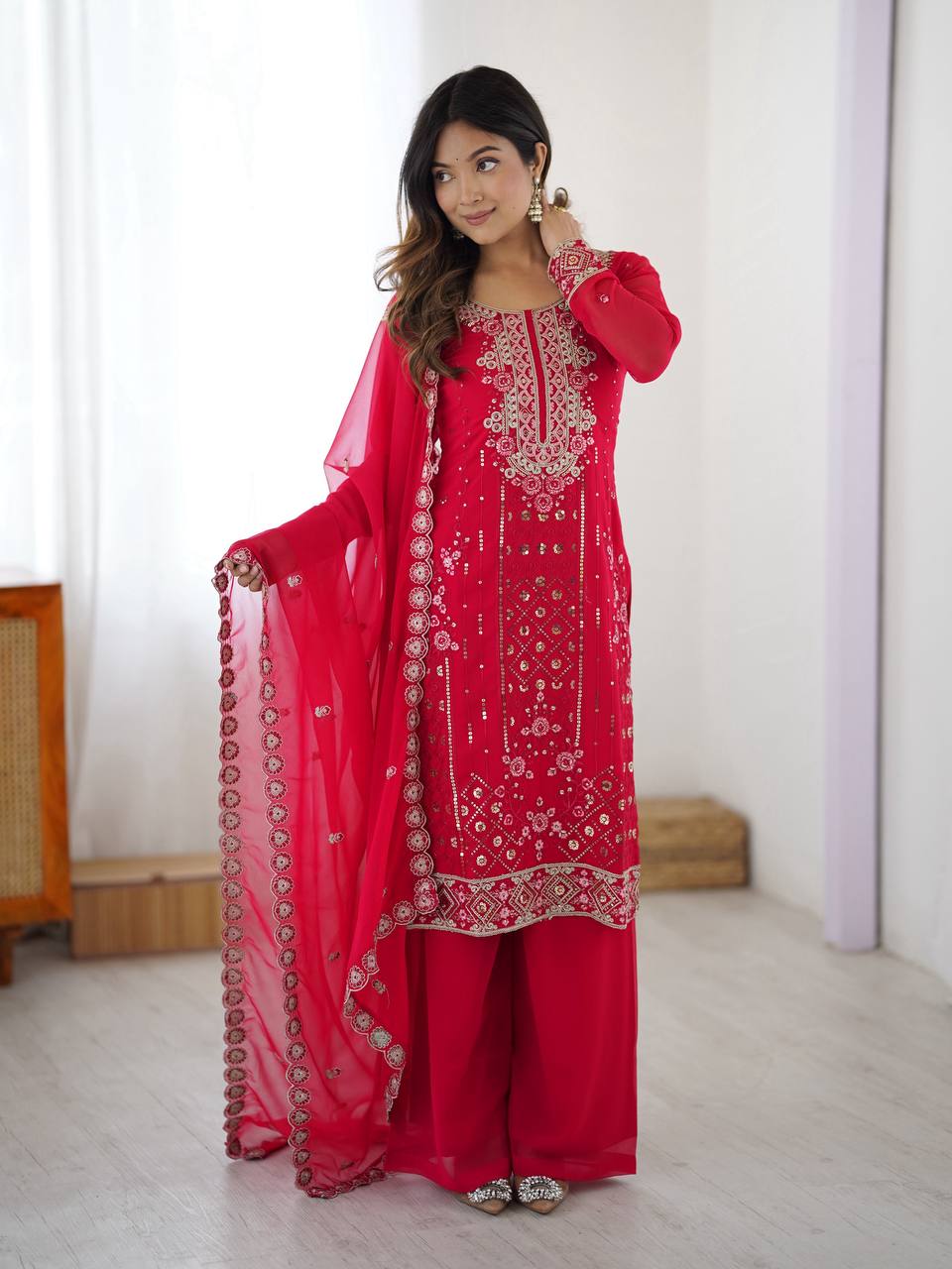 Exclusive Pink Color Faux Georgette Designer Palazzo Suit Set