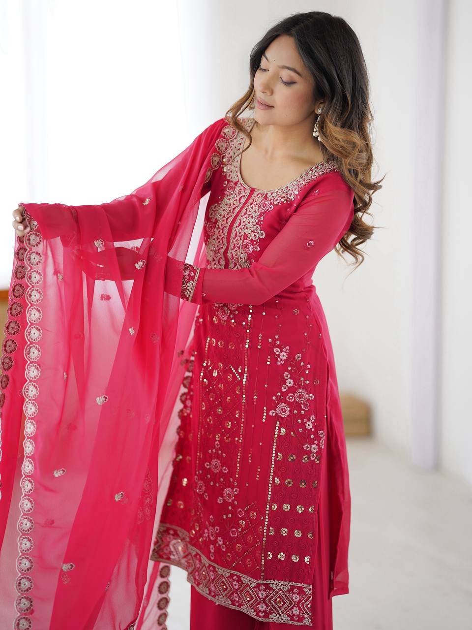 Exclusive Pink Color Faux Georgette Designer Palazzo Suit Set