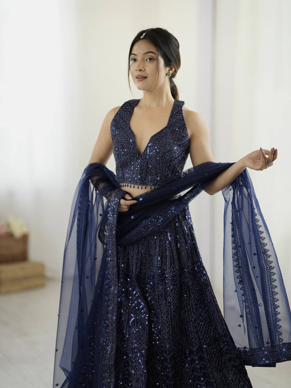 Celebrity Style Nevy Blue Color Net Lehenga With Sequins Dori Work Designer Lehenga Choli