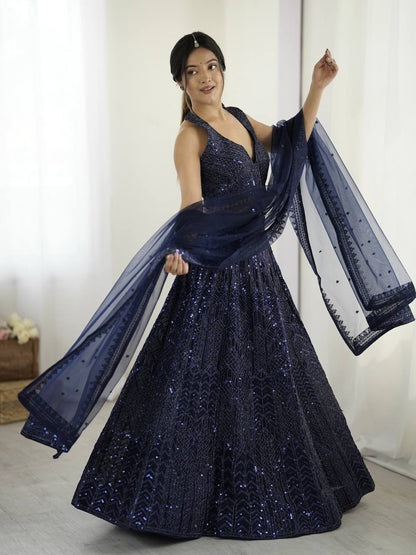 Celebrity Style Nevy Blue Color Net Lehenga With Sequins Dori Work Designer Lehenga Choli